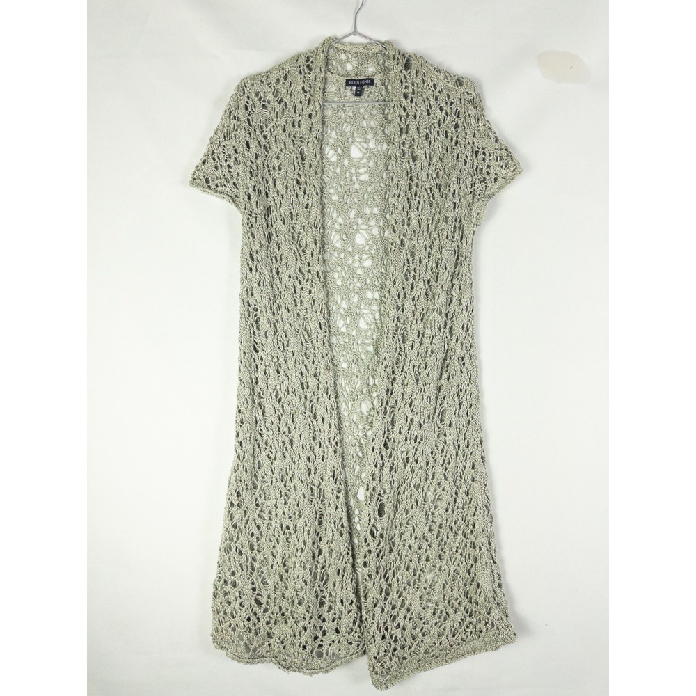 Eileen Fisher Linen Open Knit Long Cardigan Womens M Sage Green Boho Minimalist